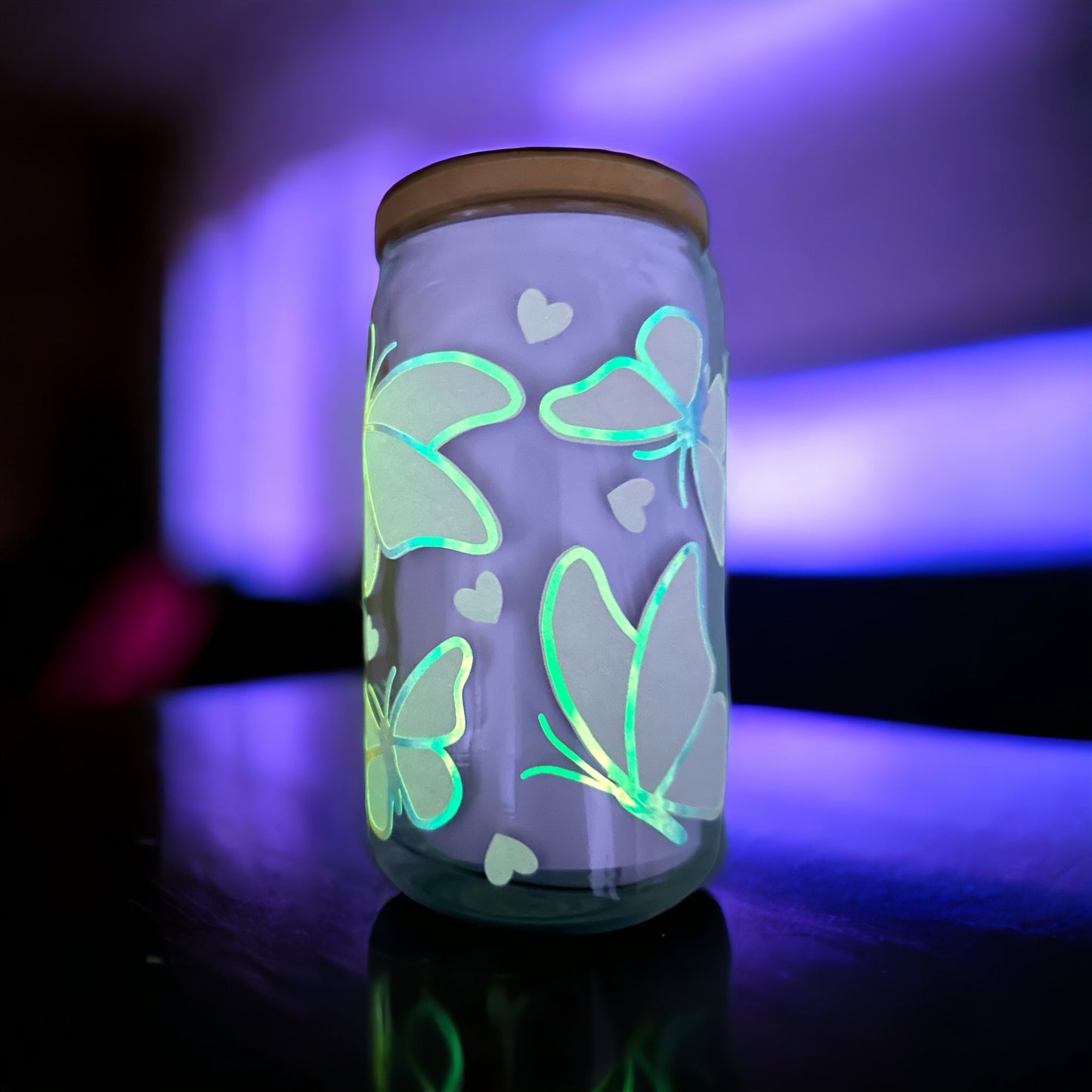 Holographic and Glow in the Dark Pink Butterfly Can Glass